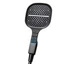 Black handheld shower head with adjustable spray settings.