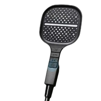 Black handheld shower head with adjustable spray settings.