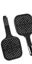 Black handheld shower heads.