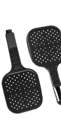 Black handheld shower heads.