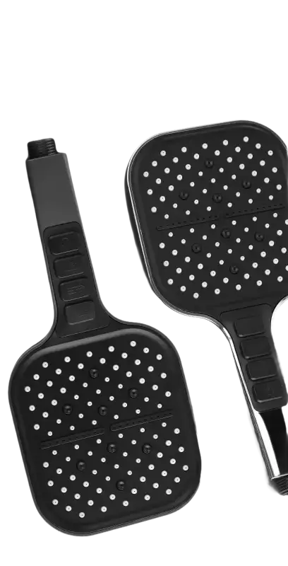 Black handheld shower heads.