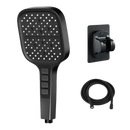 Black handheld shower head with hose and mount.