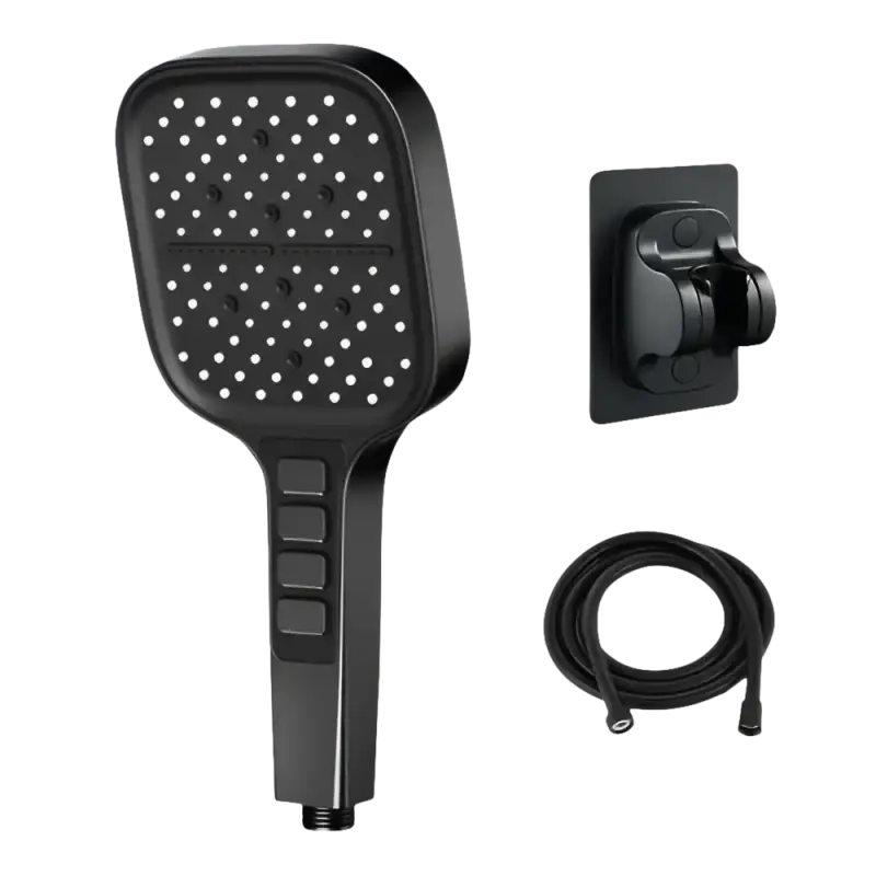 Black handheld shower head with hose and mount.