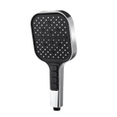 Chrome and black handheld shower head.