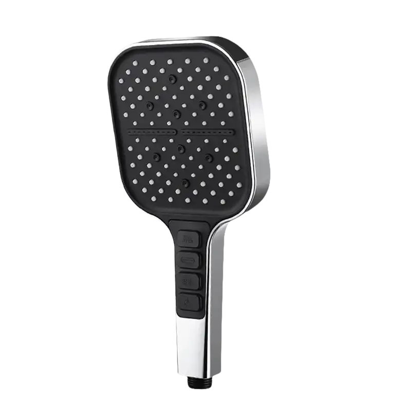 Chrome and black handheld shower head.