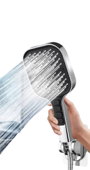 Chrome and black square shower head with multiple spray settings.