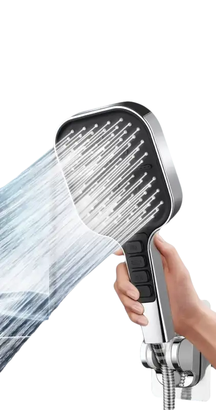 Chrome and black square shower head with multiple spray settings.