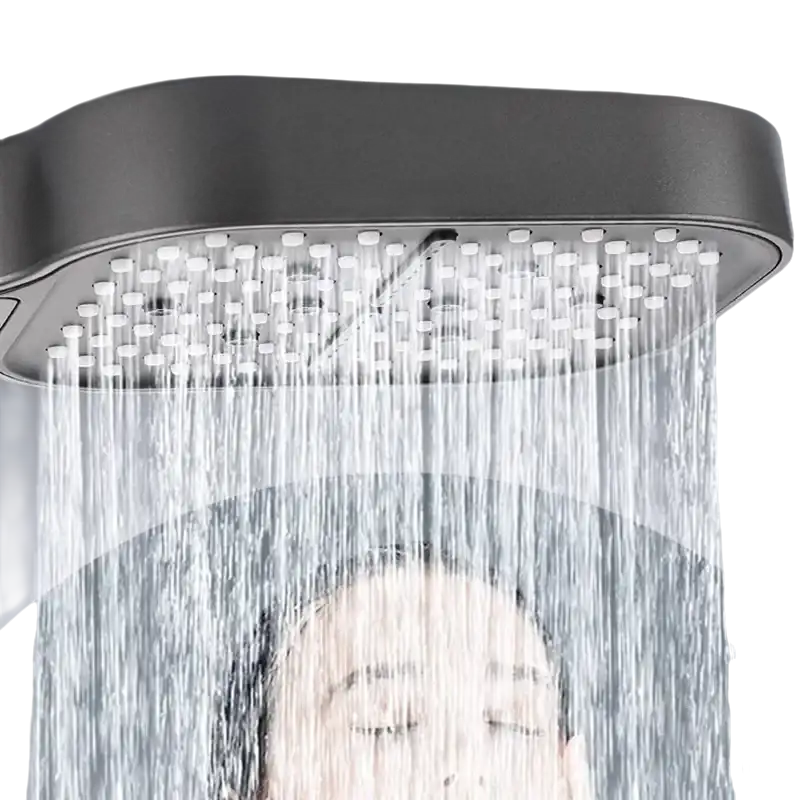 Gray shower head with water flowing.