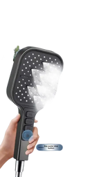 Handheld shower head with water stop button.