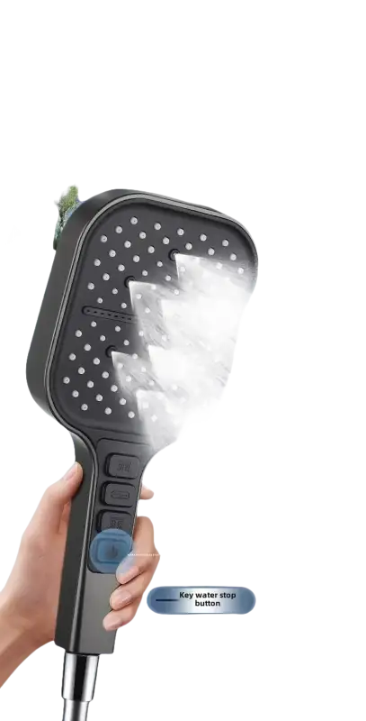 Handheld shower head with water stop button.