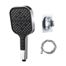 Chrome shower head with hose and mount.