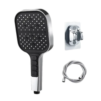 Chrome shower head with hose and mount.