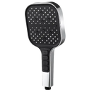 Chrome and black handheld shower head.