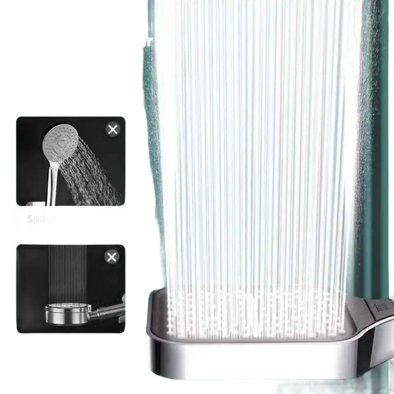 Square shower head with high-pressure water streams.