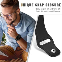 Black leather watch band with snap closure.