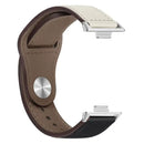 Two-tone leather watch band with metal connectors.