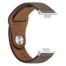 Brown leather watch band with silver connectors.