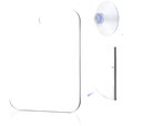Rectangular mirror with rounded corners and suction cup.