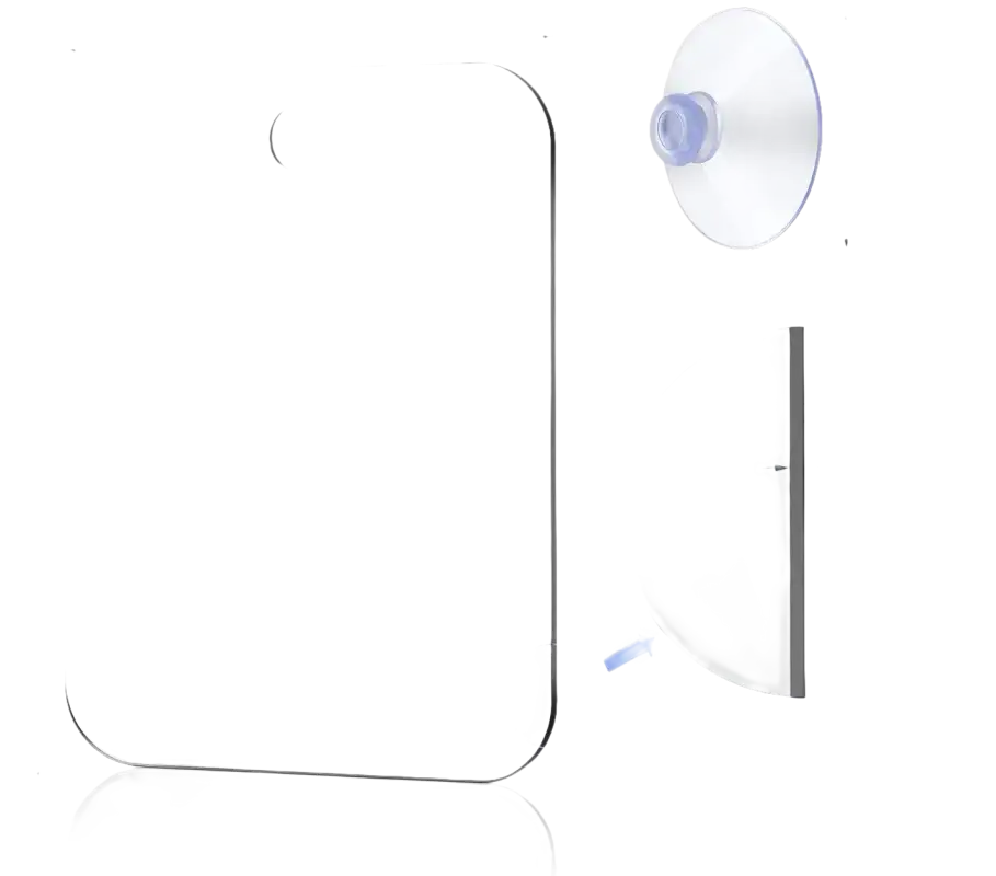 Rectangular mirror with rounded corners and suction cup.