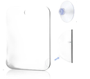 Rectangular mirror with rounded corners and suction cup.