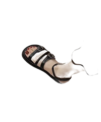 Black leather buckle sandals.