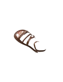Brown leather sandal with three buckled straps.