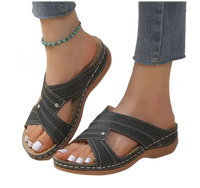 Black criss-cross slide sandals.
