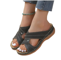 Black crisscross platform sandals.