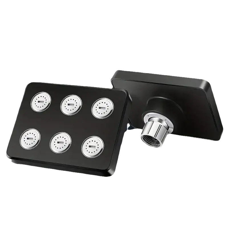 Black shower head with multiple nozzles.