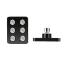 Black square shower head with dimensions.