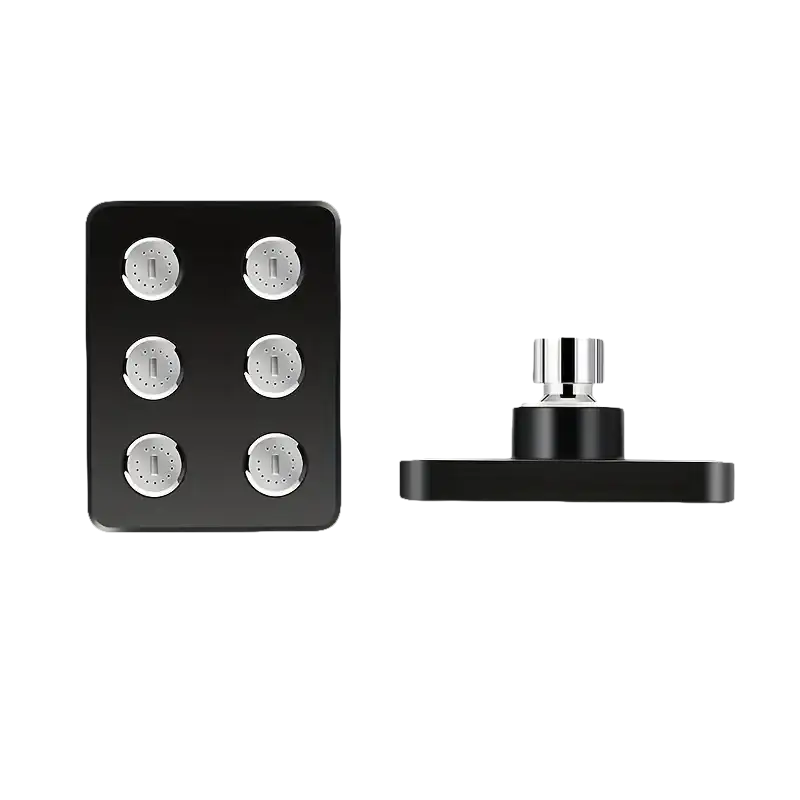 Black square shower head with dimensions.