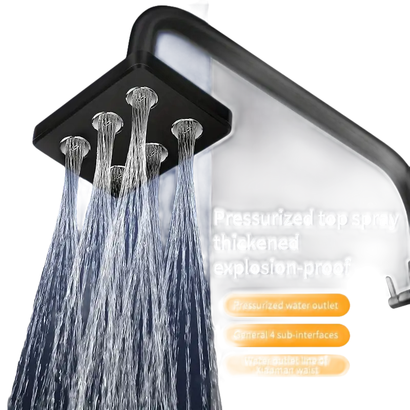 Black square shower head with multiple water outlets.