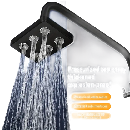 Black square shower head with multiple water outlets.
