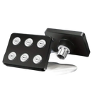 Black square shower head with multiple spray nozzles.