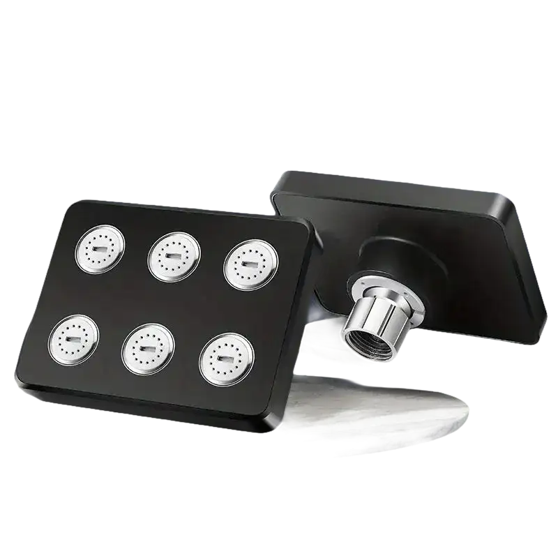 Black square shower head with multiple spray nozzles.