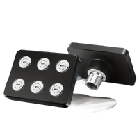 Black square shower head with multiple spray nozzles.