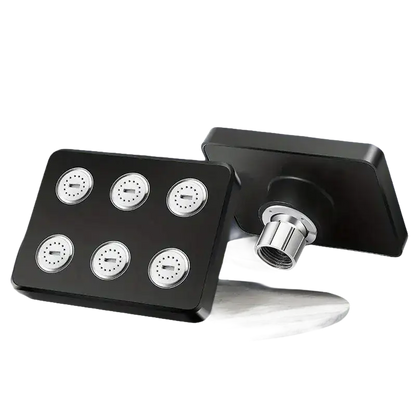 Black square shower head with multiple spray nozzles.