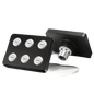 Black square shower head with multiple spray nozzles.