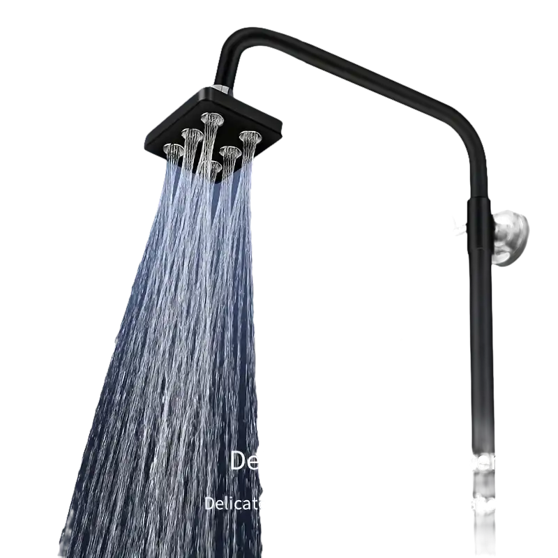 Black square shower head with multiple nozzles.