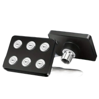 Black square shower head with multiple spray nozzles.