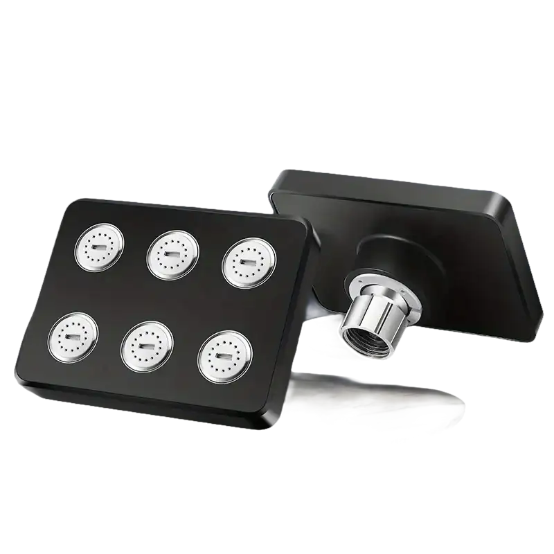 Black square shower head with multiple spray nozzles.