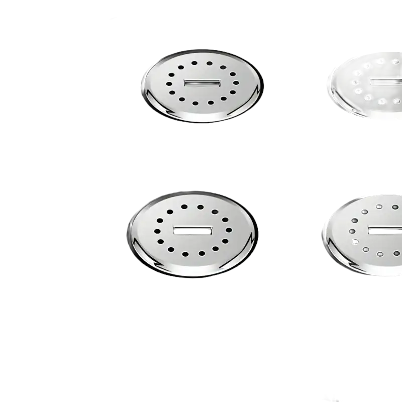 Black surface with four circular, perforated, metal fixtures.