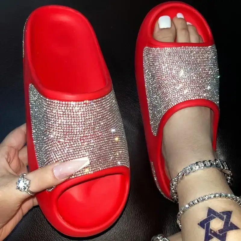 Women Slides Fashion Platform Rhinestone Decor Slide Sandals Outdoor Non-slip Beach Sandals 2024 Summer New Women