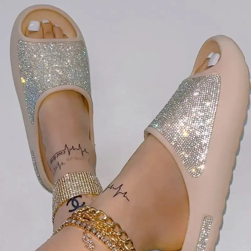 Women Slides Fashion Platform Rhinestone Decor Slide Sandals Outdoor Non-slip Beach Sandals 2024 Summer New Women