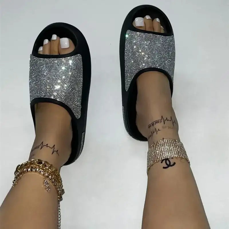 Women Slides Fashion Platform Rhinestone Decor Slide Sandals Outdoor Non-slip Beach Sandals 2024 Summer New Women