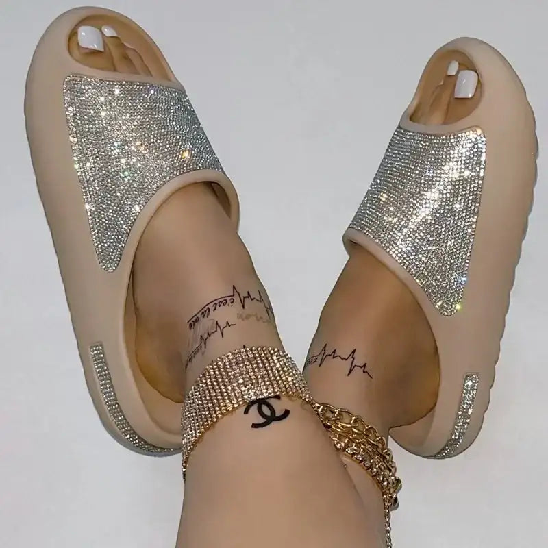 Women Slides Fashion Platform Rhinestone Decor Slide Sandals Outdoor Non-slip Beach Sandals 2024 Summer New Women