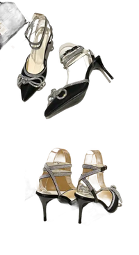 Black high-heeled sandals with rhinestone straps and bow.