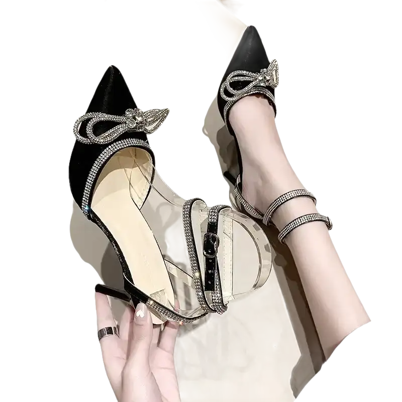 Rhinestone Bow Beige elegant heels temperament