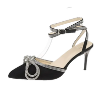 Black stiletto heel with rhinestone embellishments.