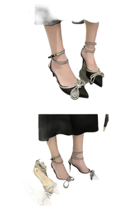 Elegant high-heeled shoes with rhinestone bows.